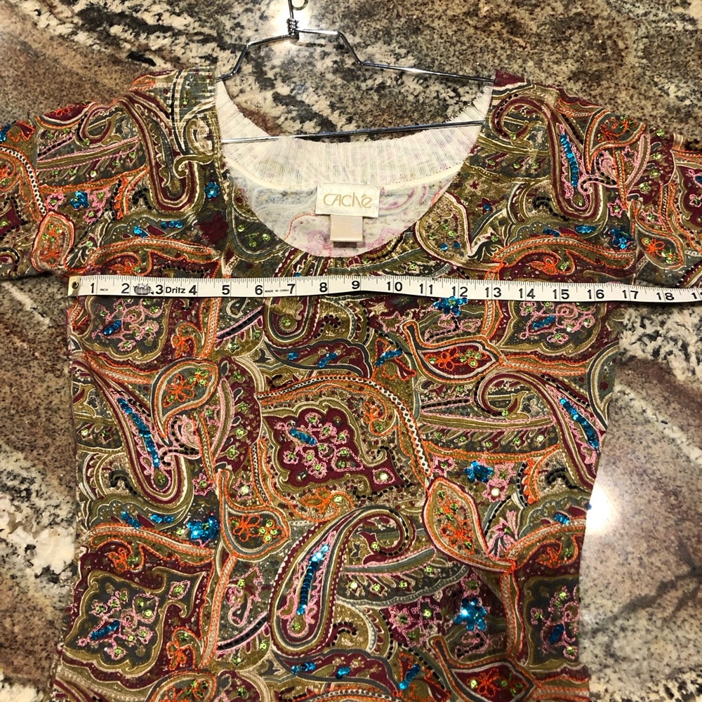 Vintage Cache Knit Top Embellished with Sequins. Colors of Olive/Plum/Org/Turq. - Picture 9 of 10